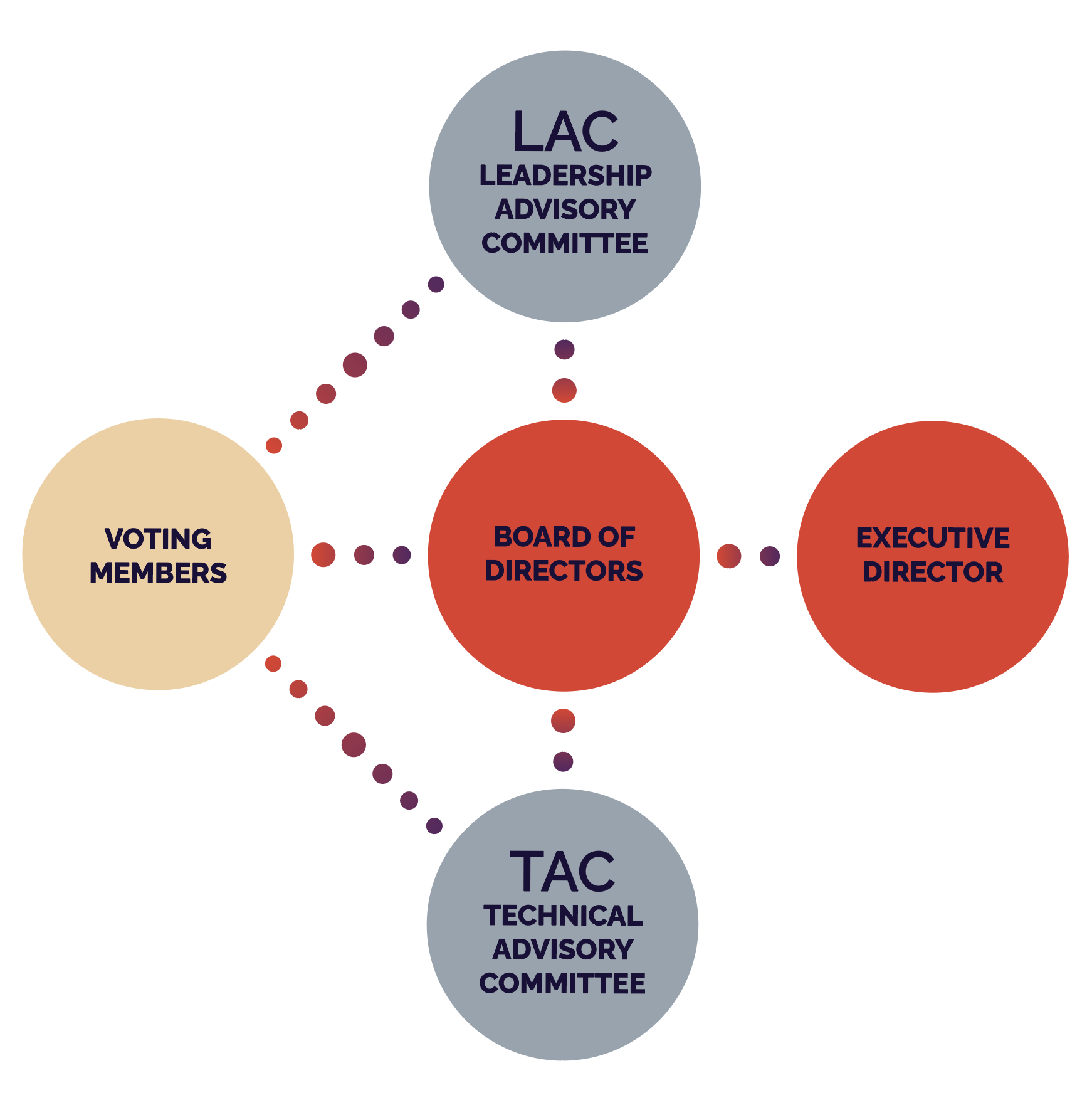 An infographic showing the structure of OFNTSC's Governance model which shows how the voting members break out into the Leadership Advisory Committee, the Board of Directors, and the Technical Advisory Committee. Lastly the Executive director comes from the Board of Directors in terms of reporting