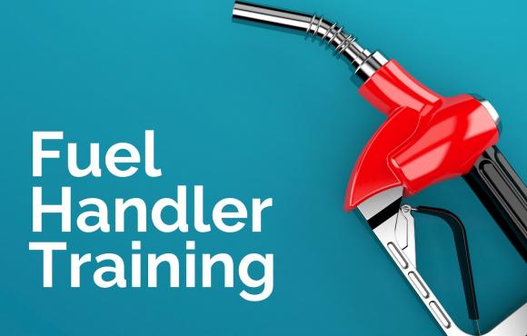 a gas station fuel pump in the foreground beside the title: Fuel Handler Traning