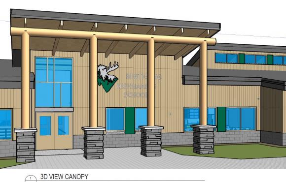 A rendering of the new school shows the front facade entrance with the words Biigtigong First Nation School